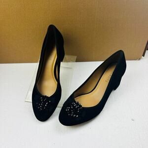 Talbot's Womens 9M Black Leather Upper Embellished Pumps Rhinestone Floral